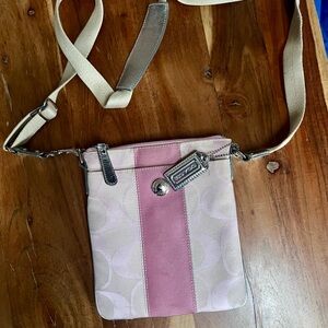 Coach Pink Signature Stripe Crossbody Pouch with Silver Hardware